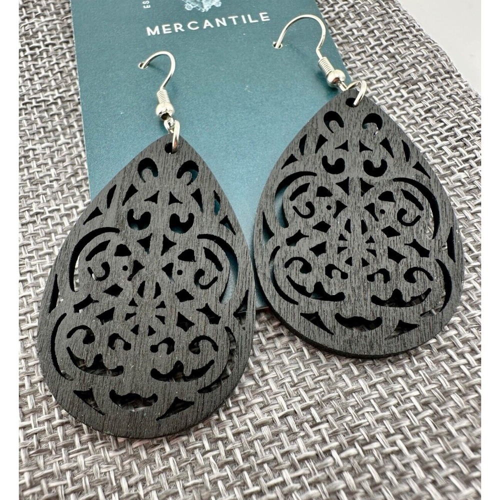Ebony Black Stained Laser Cut Wood Teardrop Earrings